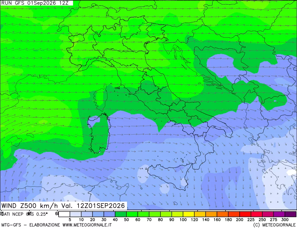 mappa 500 hPa Vento forza e direzione