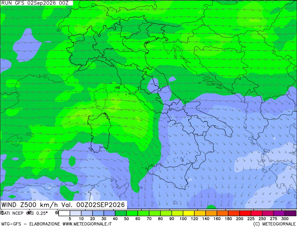 mappa 500 hPa Vento forza e direzione