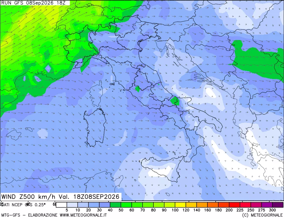mappa 500 hPa Vento forza e direzione