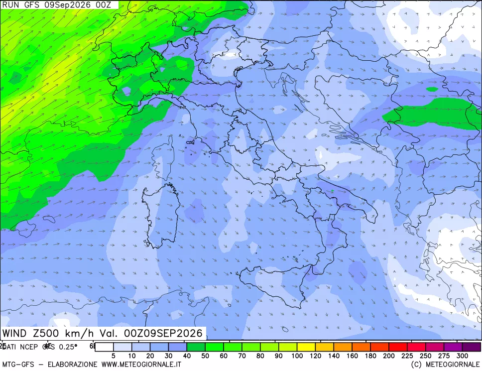 mappa 500 hPa Vento forza e direzione