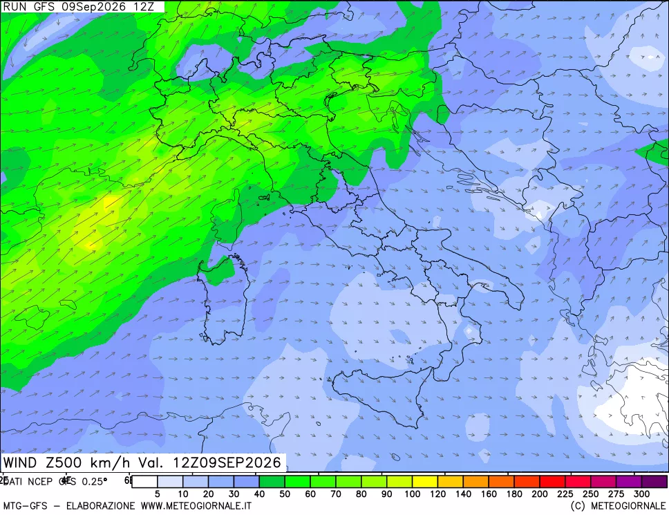mappa 500 hPa Vento forza e direzione