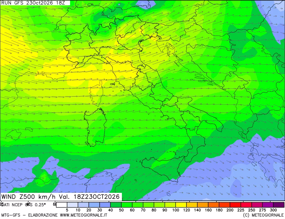 mappa 500 hPa Vento forza e direzione