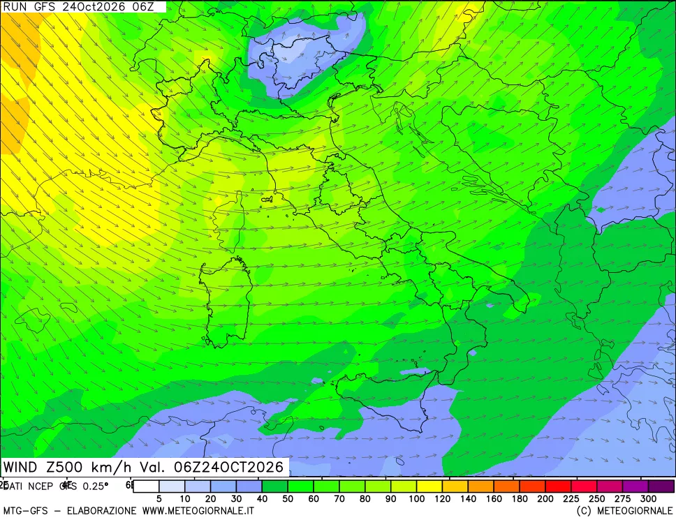 mappa 500 hPa Vento forza e direzione