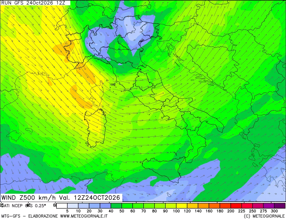 mappa 500 hPa Vento forza e direzione
