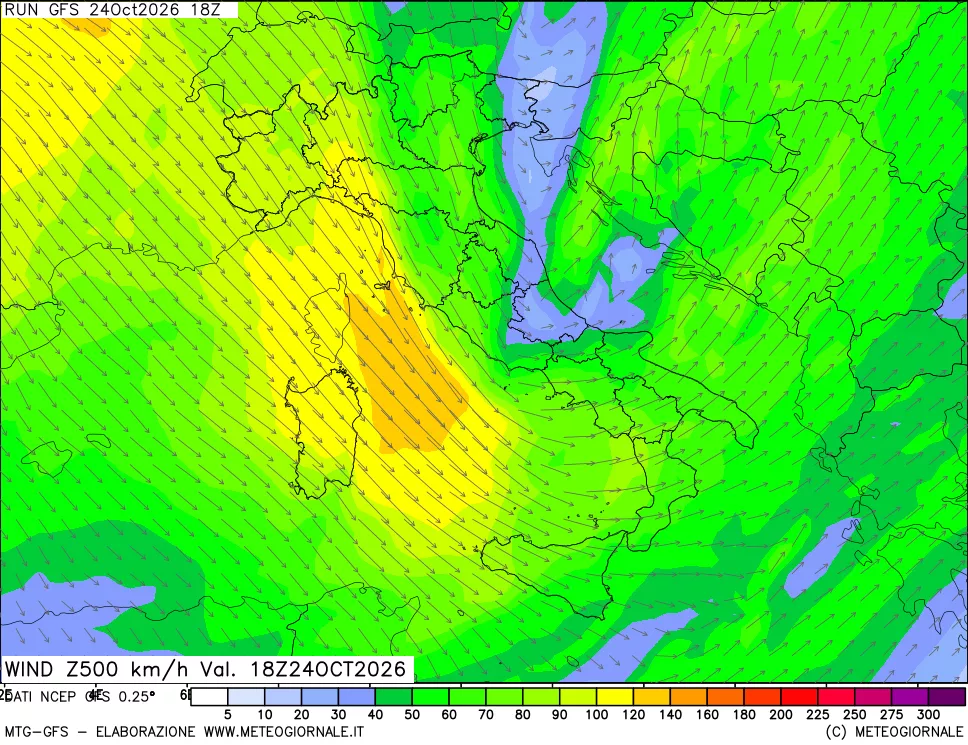 mappa 500 hPa Vento forza e direzione