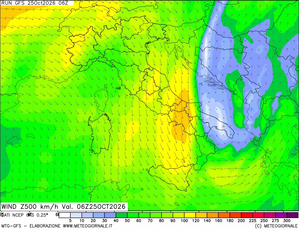 mappa 500 hPa Vento forza e direzione