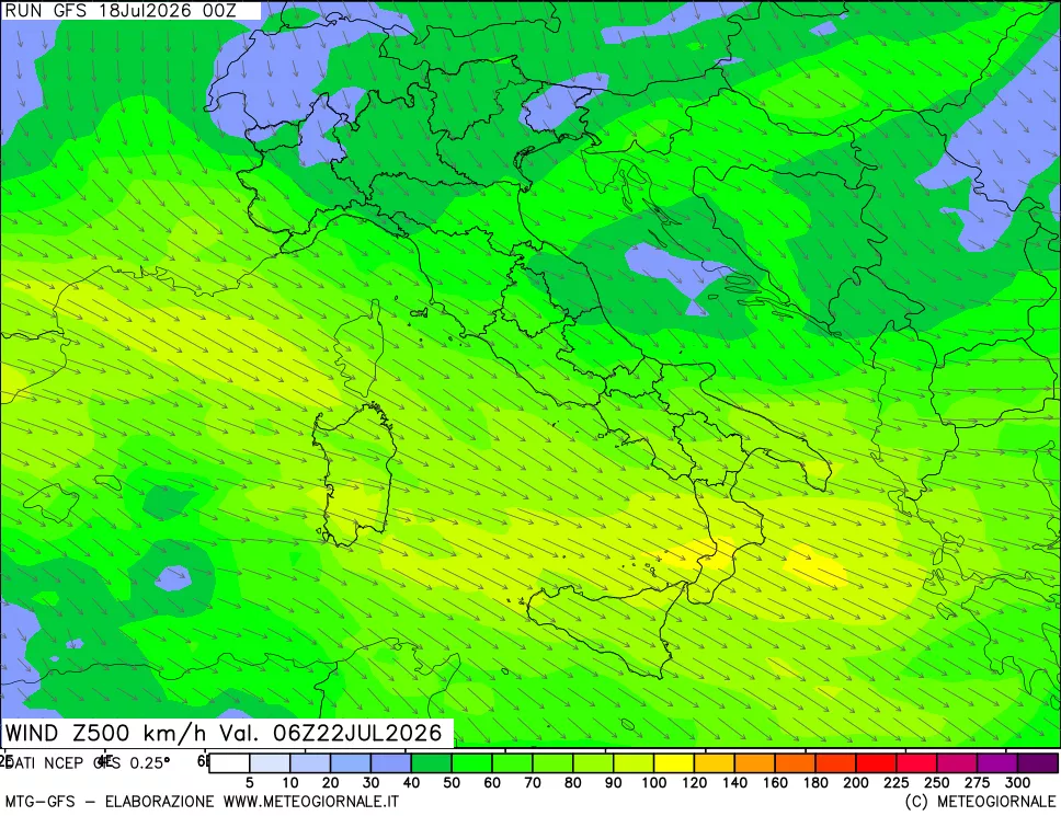 mappa 500 hPa Vento forza e direzione