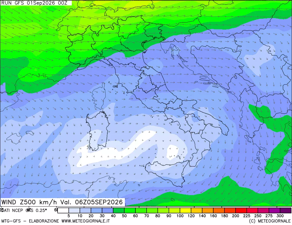 mappa 500 hPa Vento forza e direzione