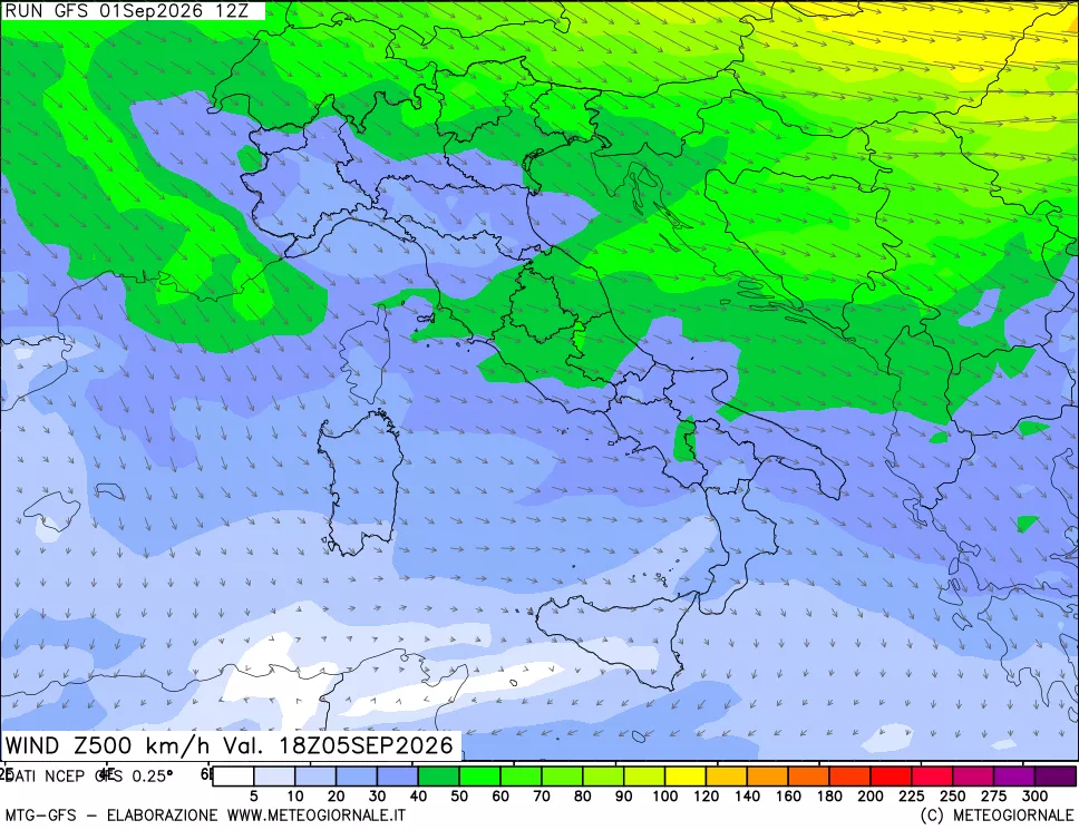 mappa 500 hPa Vento forza e direzione