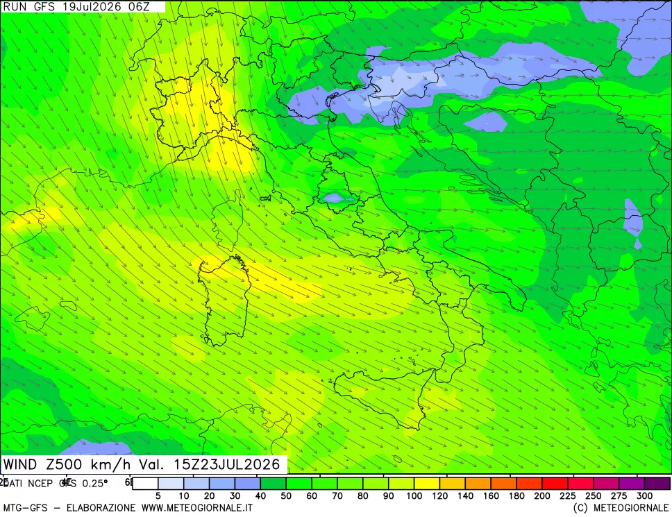 mappa 500 hPa Vento forza e direzione