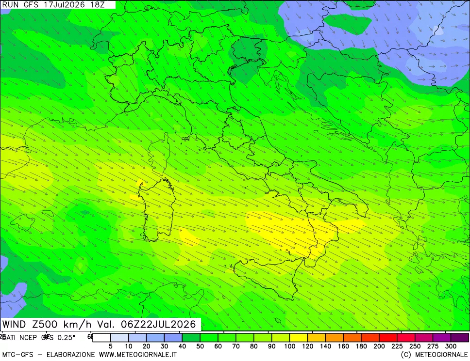 mappa 500 hPa Vento forza e direzione
