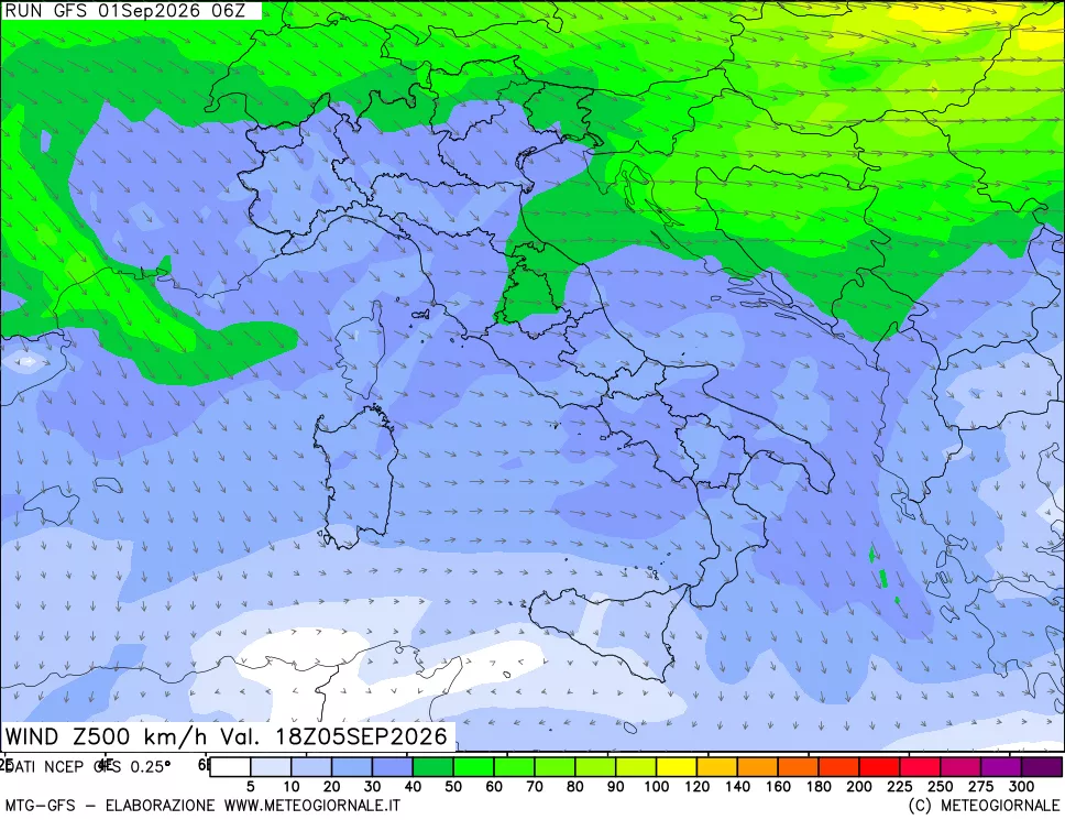 mappa 500 hPa Vento forza e direzione