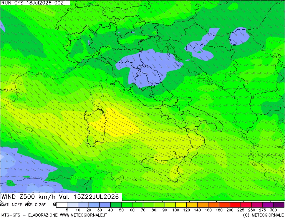 mappa 500 hPa Vento forza e direzione