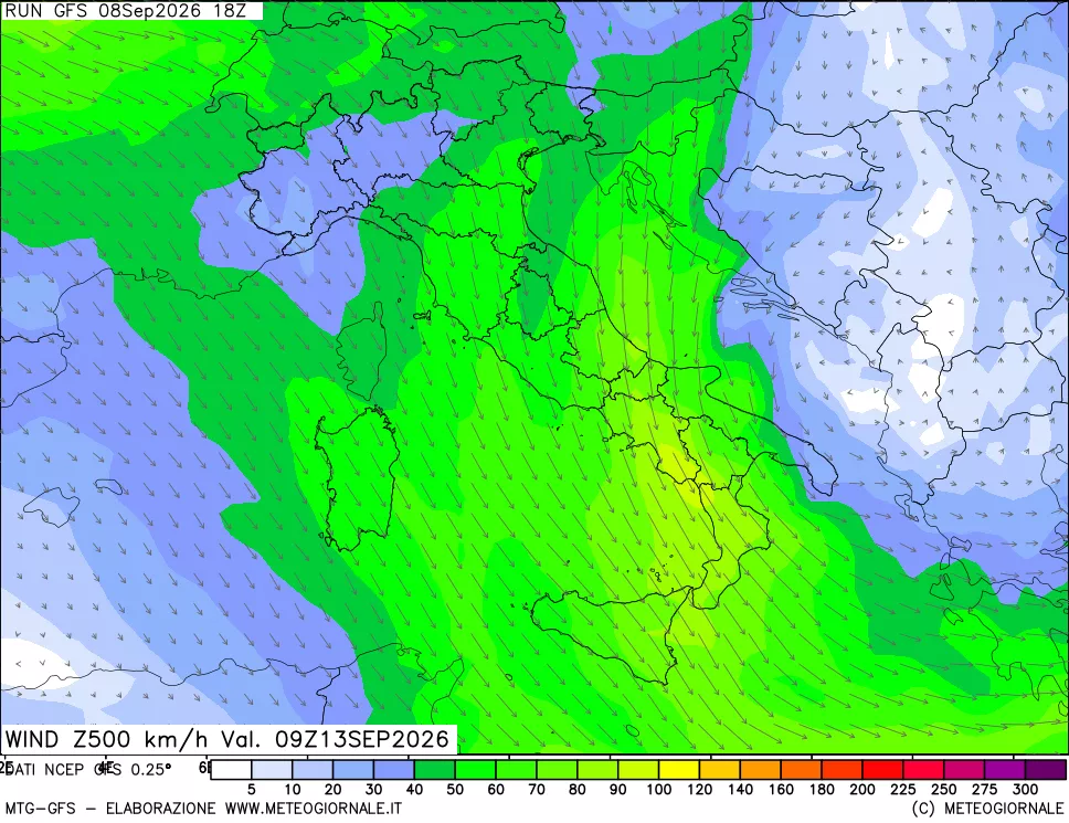 mappa 500 hPa Vento forza e direzione