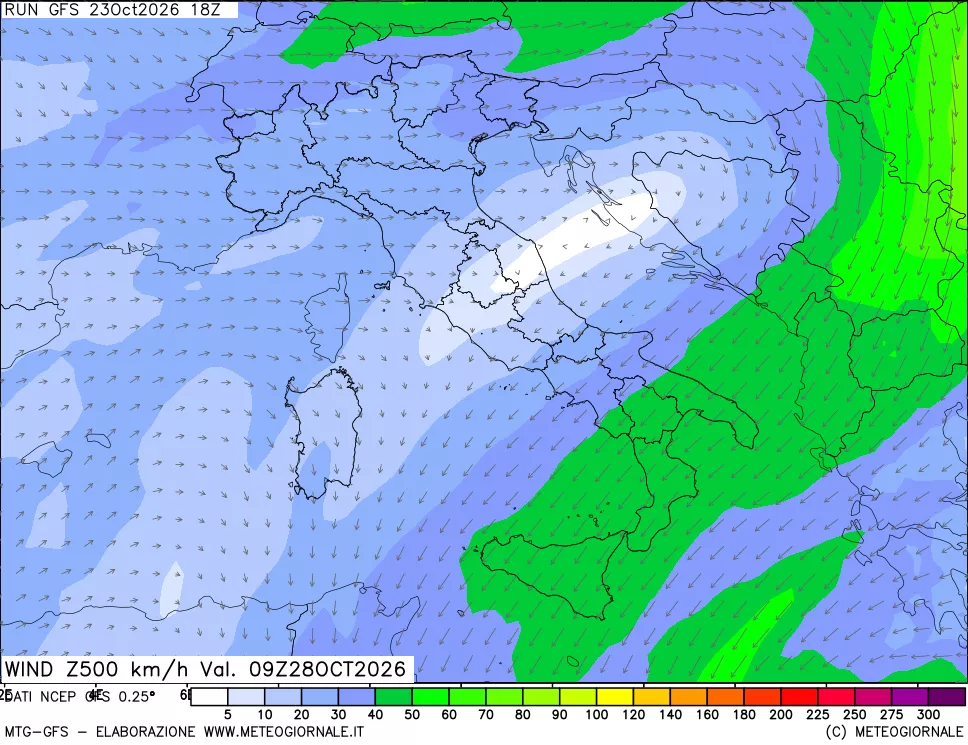 mappa 500 hPa Vento forza e direzione