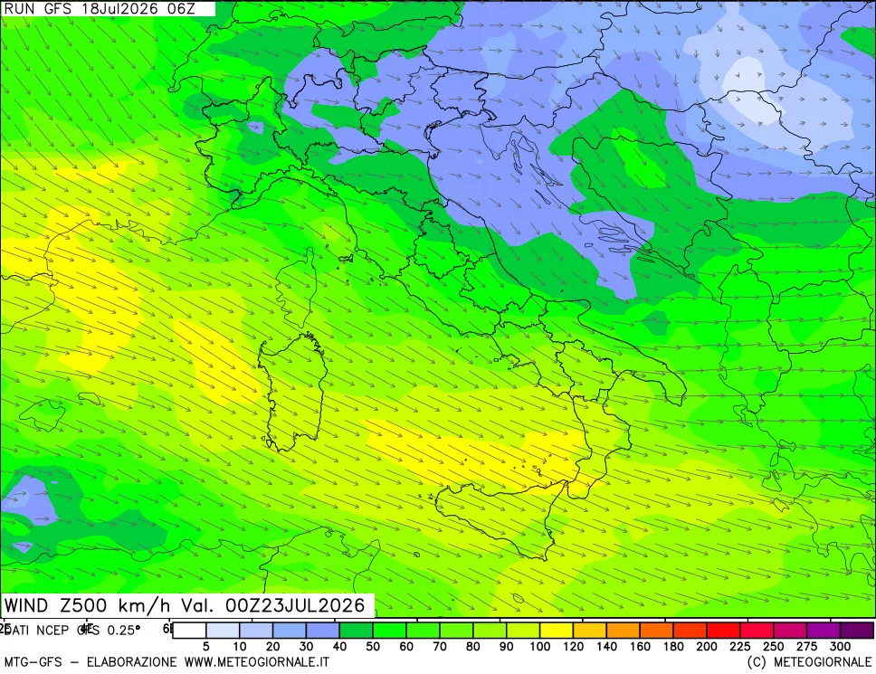 mappa 500 hPa Vento forza e direzione