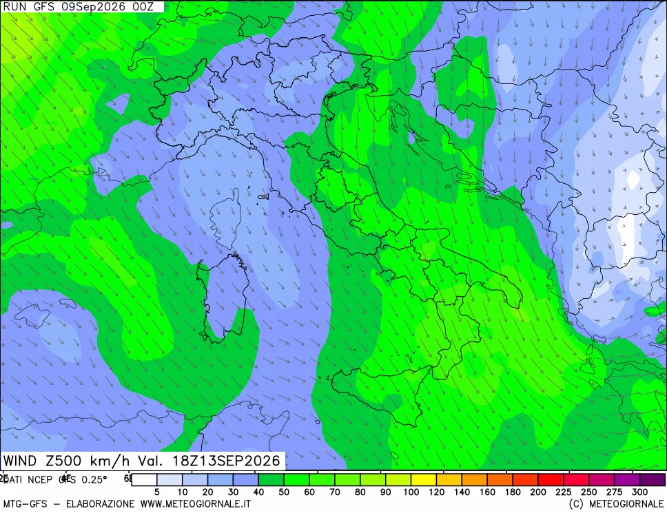 mappa 500 hPa Vento forza e direzione