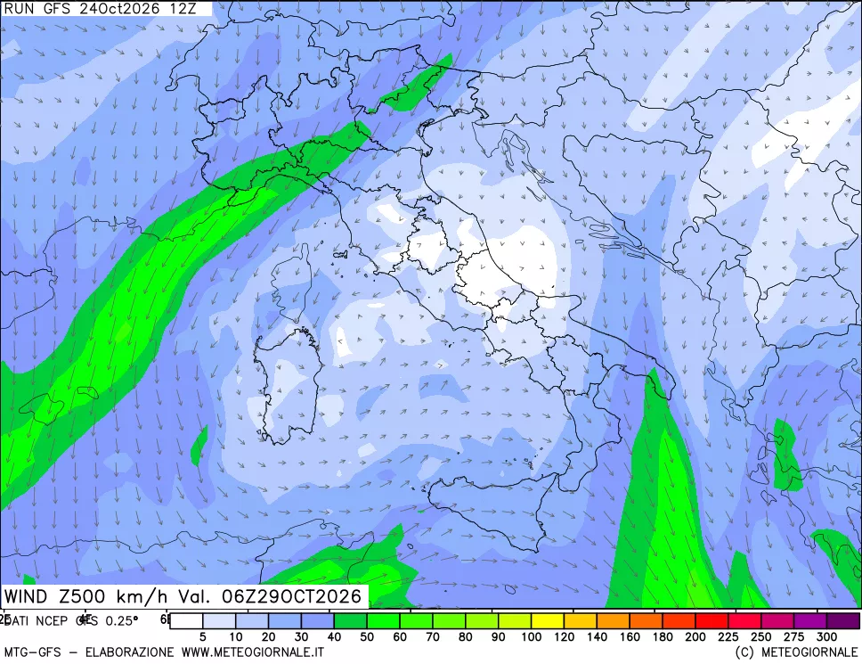 mappa 500 hPa Vento forza e direzione