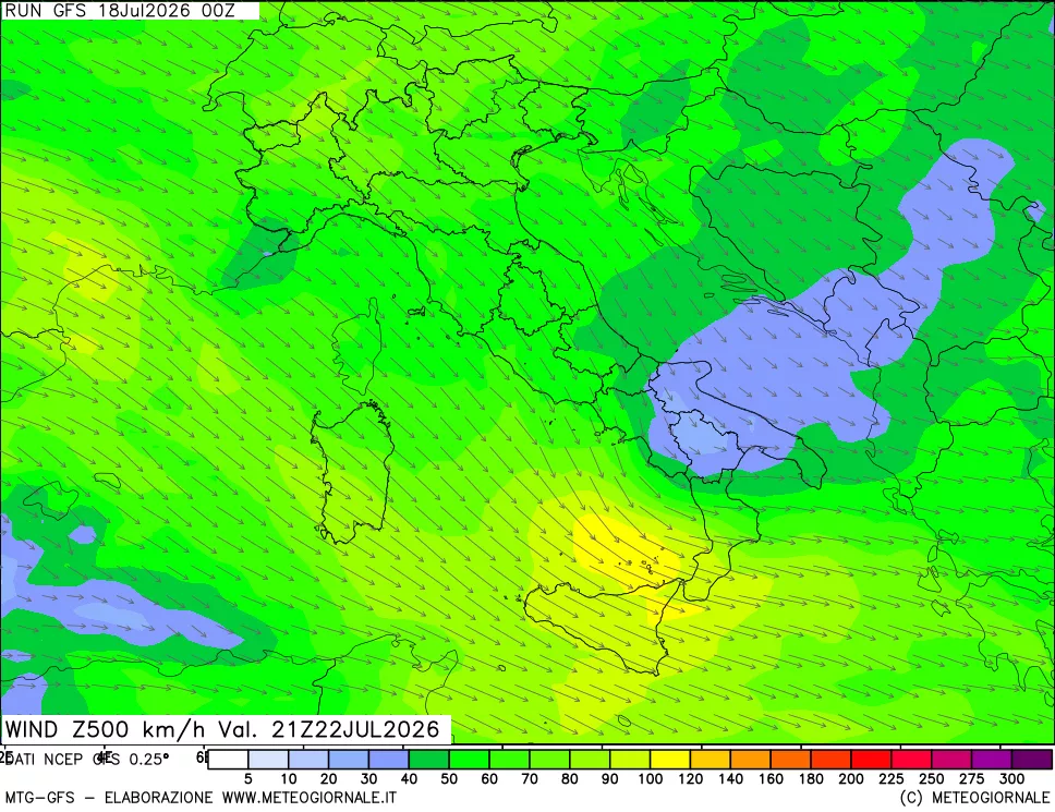 mappa 500 hPa Vento forza e direzione