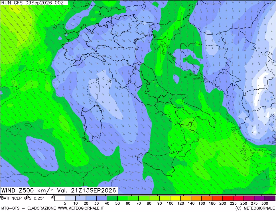 mappa 500 hPa Vento forza e direzione