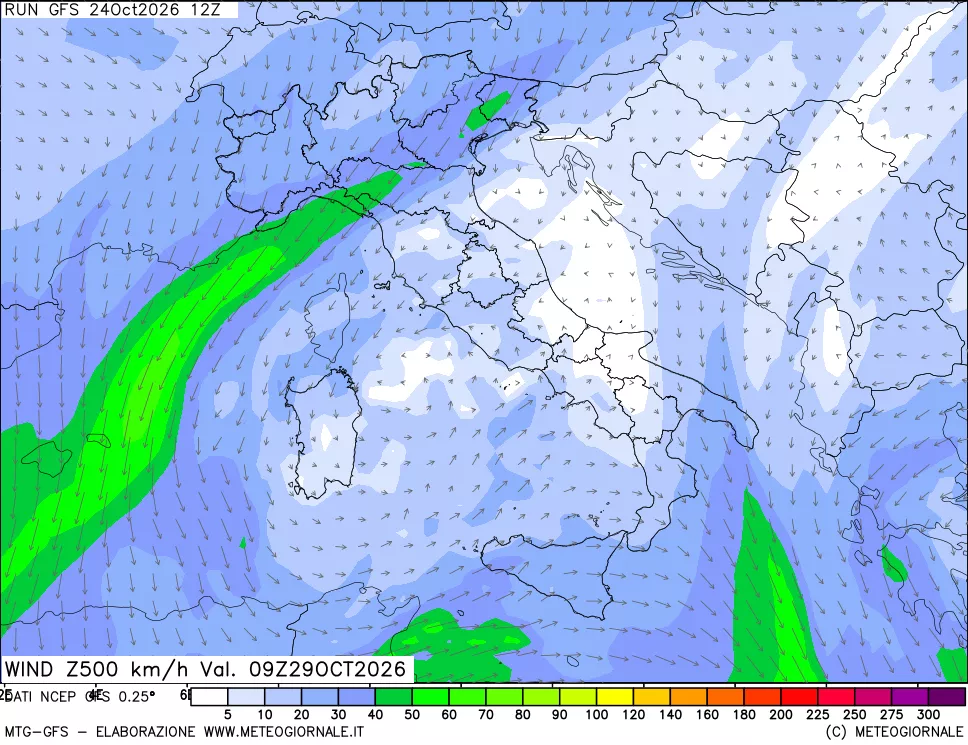 mappa 500 hPa Vento forza e direzione