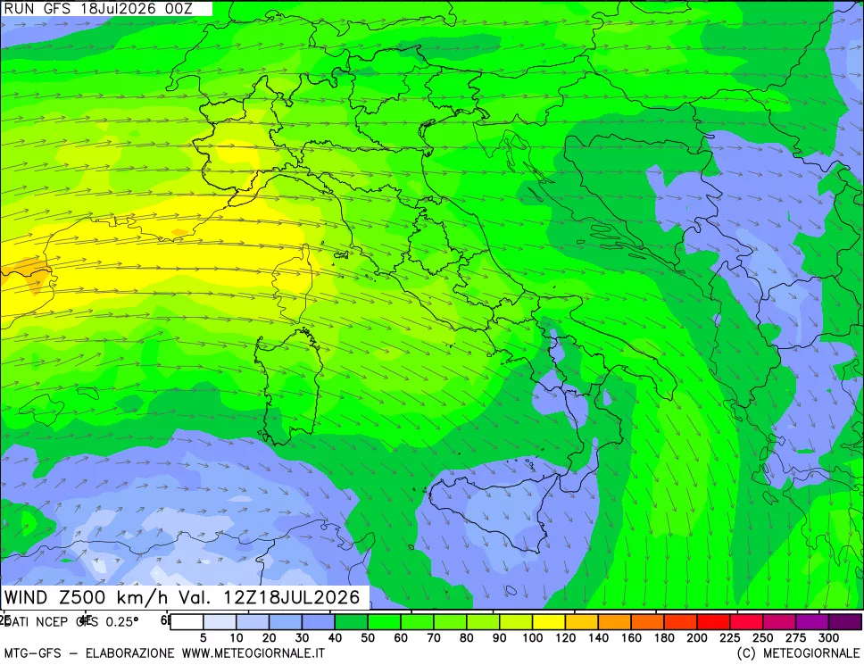 mappa 500 hPa Vento forza e direzione