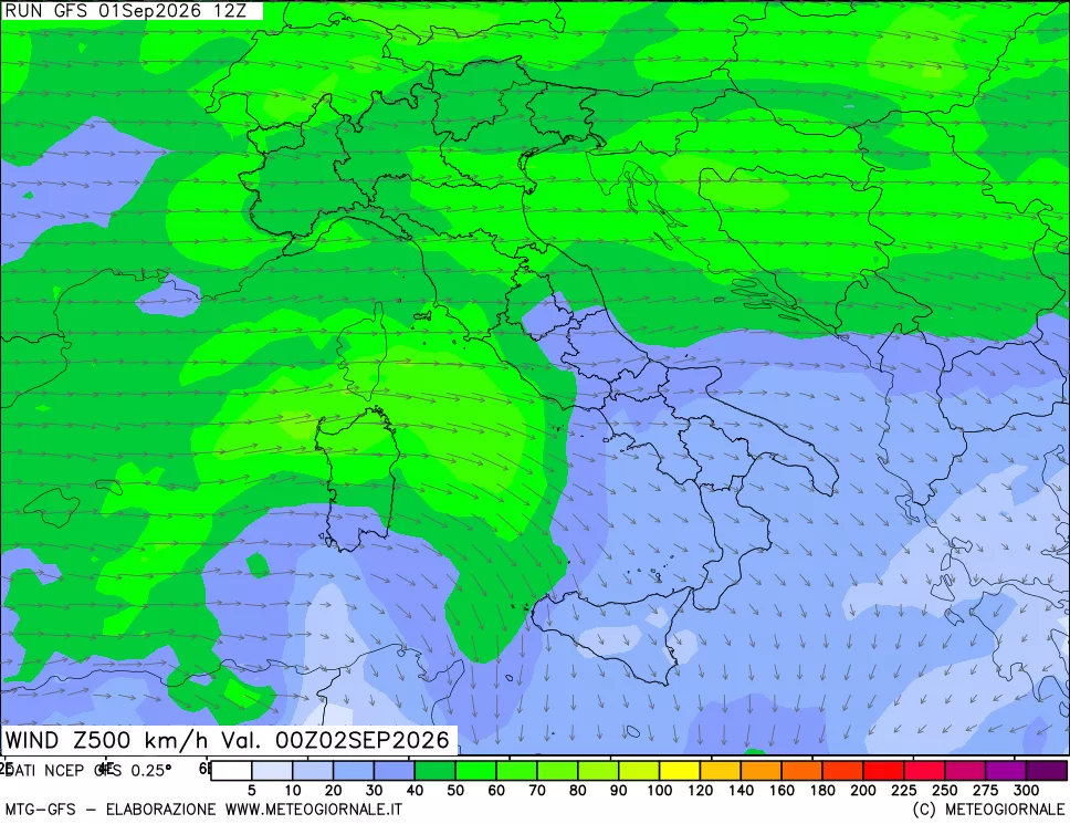 mappa 500 hPa Vento forza e direzione