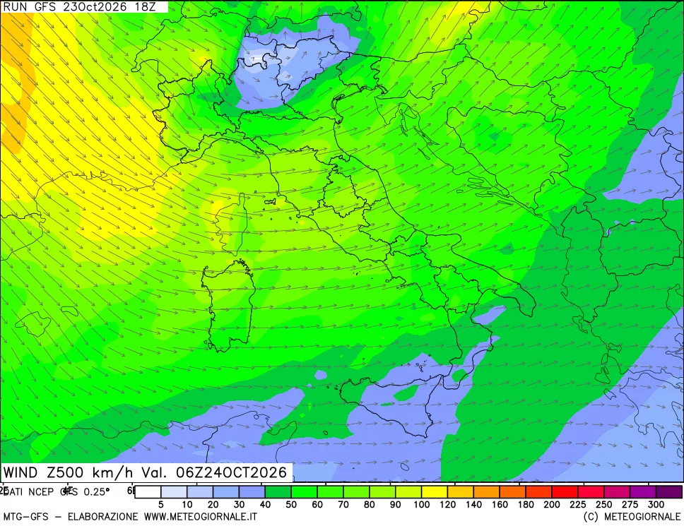 mappa 500 hPa Vento forza e direzione