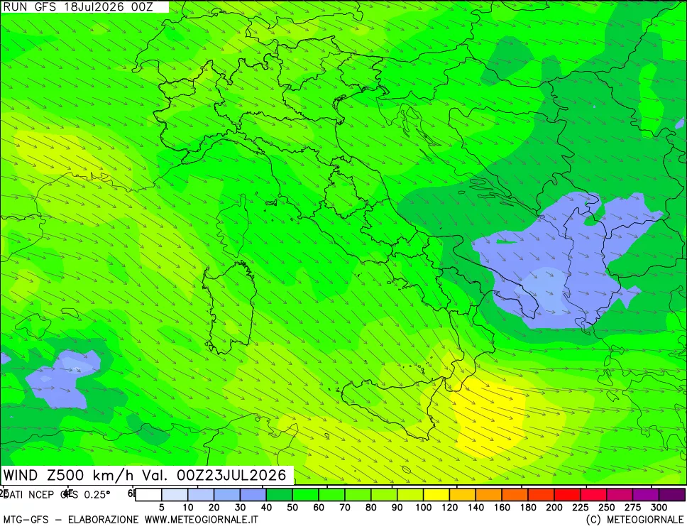 mappa 500 hPa Vento forza e direzione