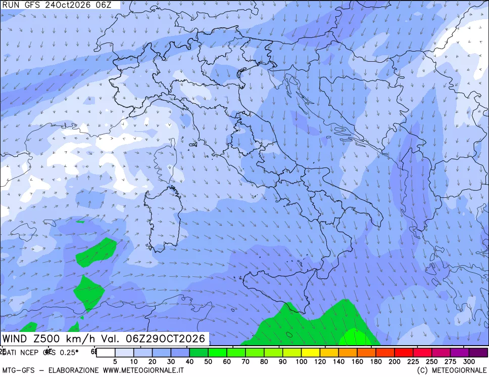 mappa 500 hPa Vento forza e direzione