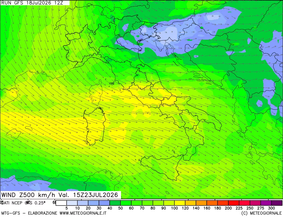 mappa 500 hPa Vento forza e direzione