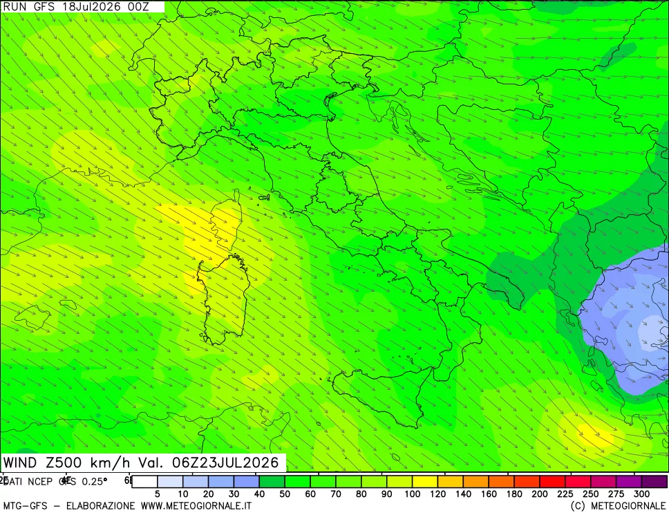 mappa 500 hPa Vento forza e direzione