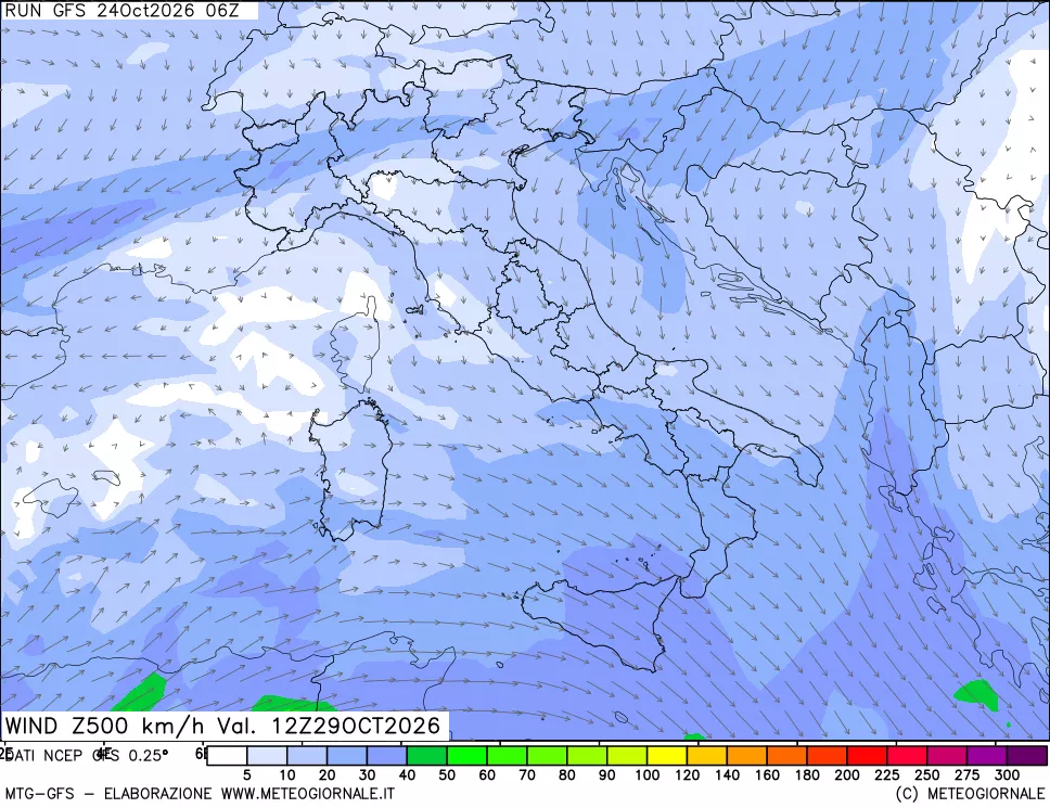 mappa 500 hPa Vento forza e direzione