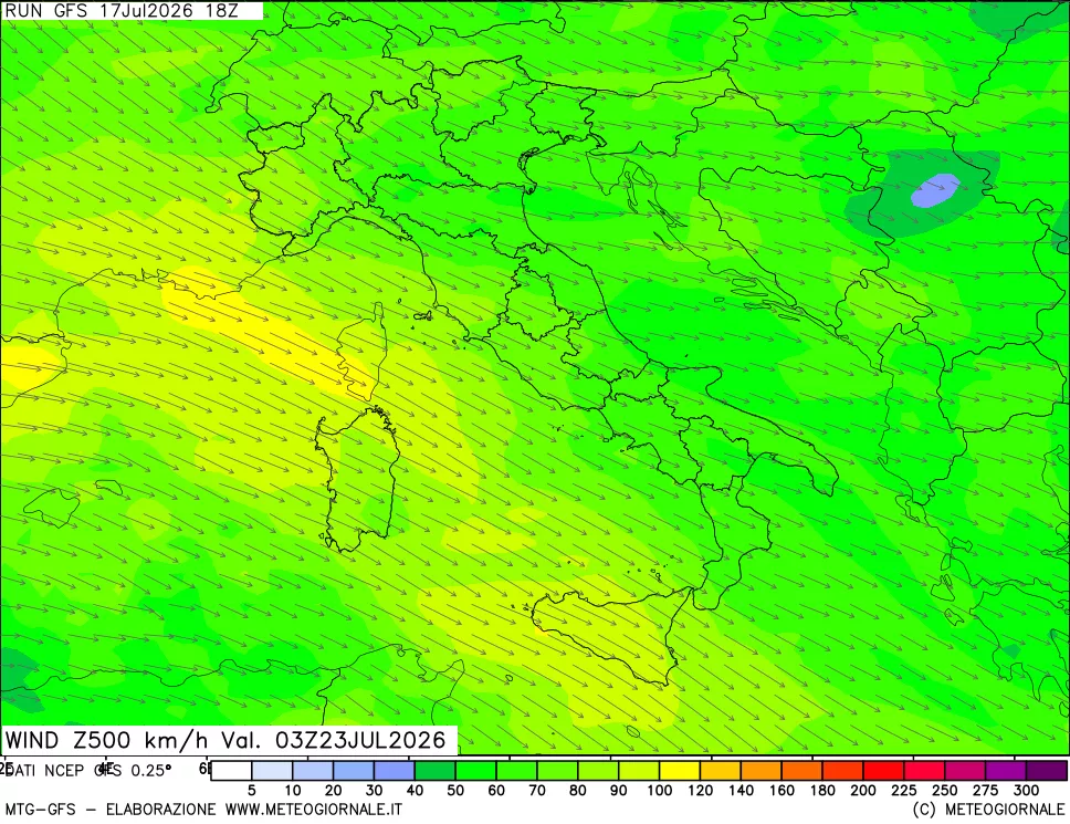 mappa 500 hPa Vento forza e direzione
