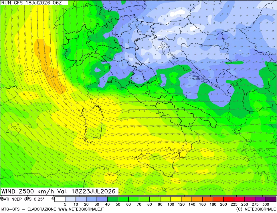 mappa 500 hPa Vento forza e direzione