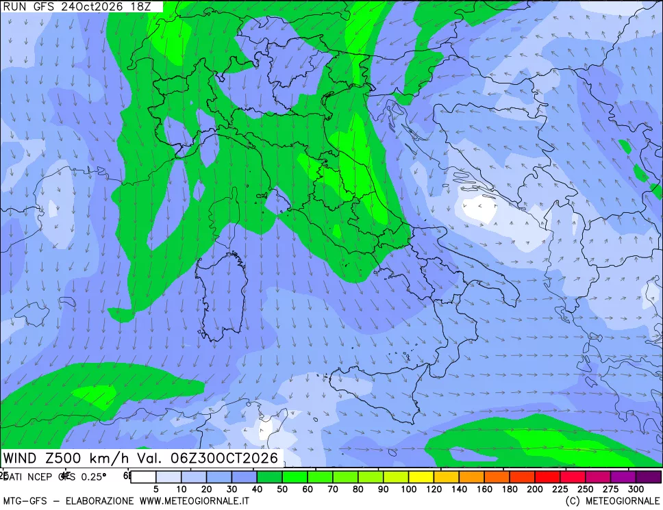 mappa 500 hPa Vento forza e direzione