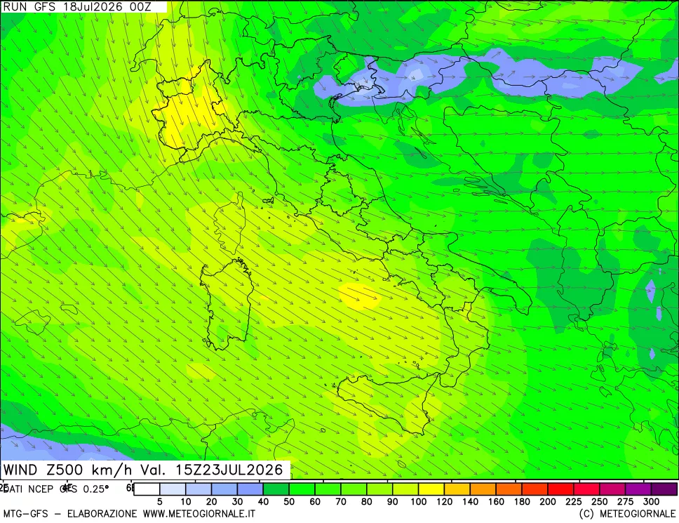 mappa 500 hPa Vento forza e direzione