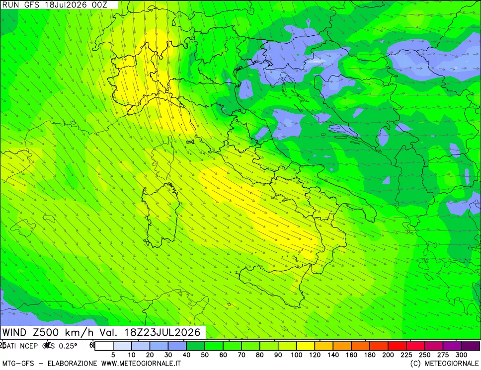 mappa 500 hPa Vento forza e direzione