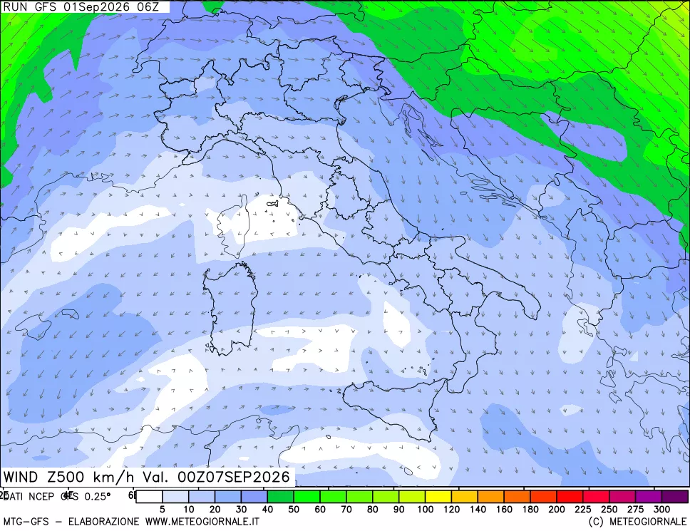 mappa 500 hPa Vento forza e direzione