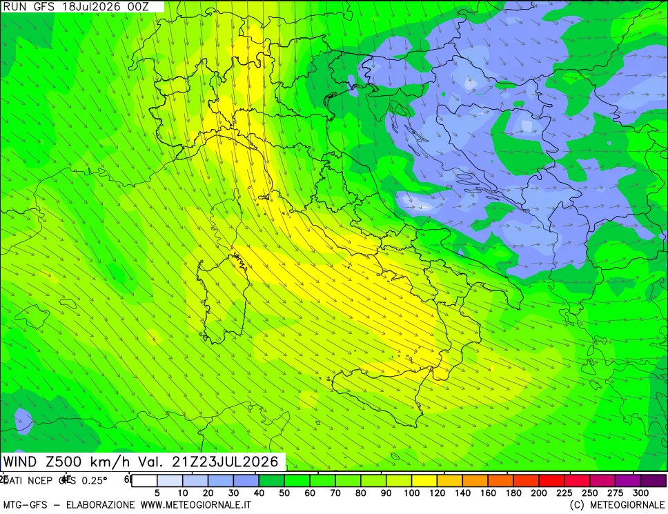 mappa 500 hPa Vento forza e direzione