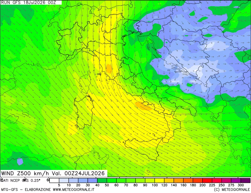 mappa 500 hPa Vento forza e direzione