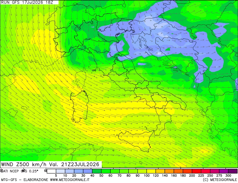 mappa 500 hPa Vento forza e direzione