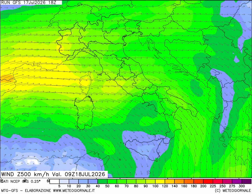 mappa 500 hPa Vento forza e direzione