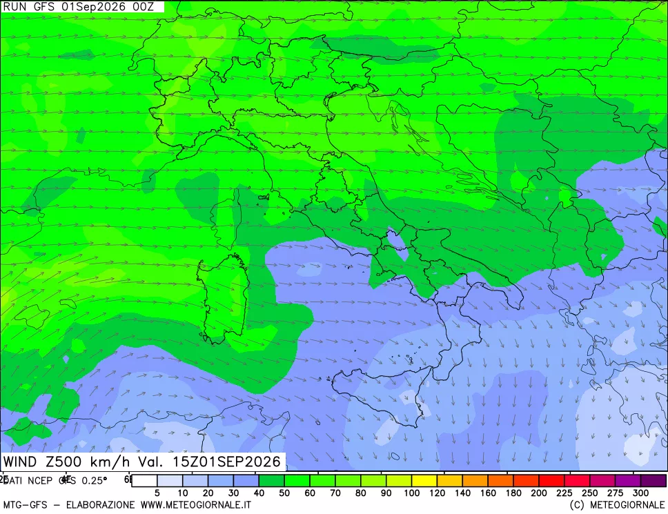 mappa 500 hPa Vento forza e direzione