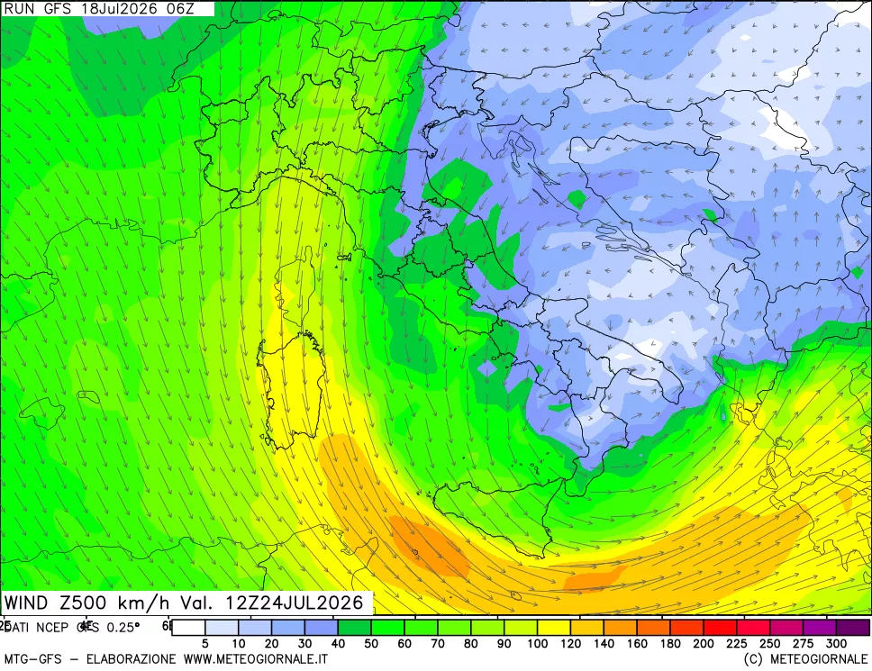mappa 500 hPa Vento forza e direzione