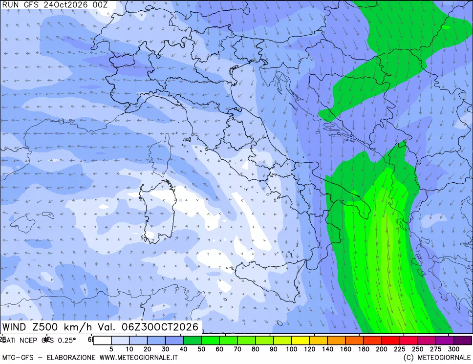 mappa 500 hPa Vento forza e direzione