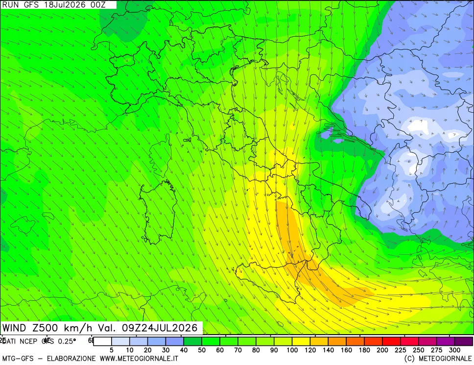 mappa 500 hPa Vento forza e direzione