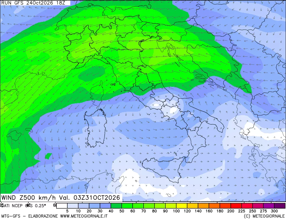 mappa 500 hPa Vento forza e direzione