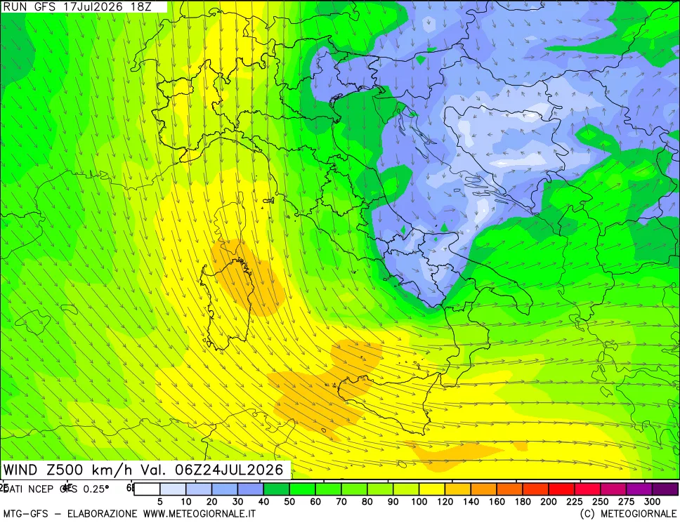 mappa 500 hPa Vento forza e direzione