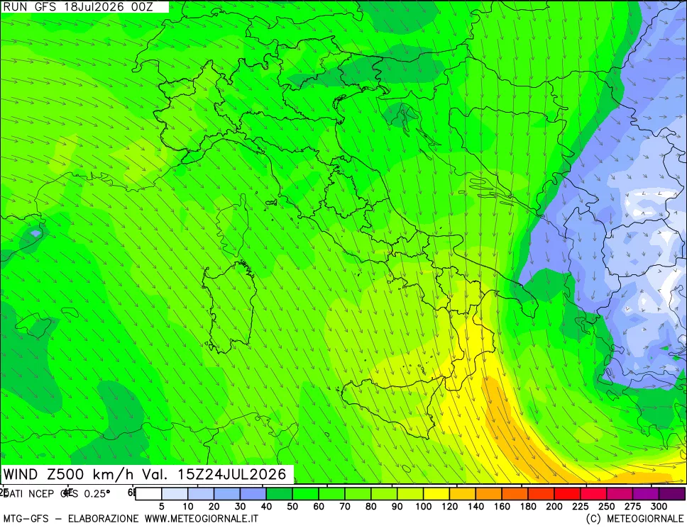mappa 500 hPa Vento forza e direzione